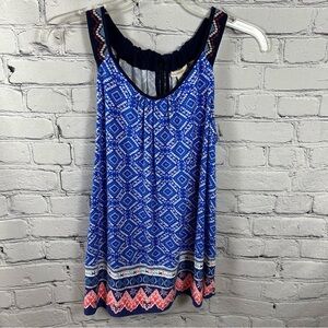 Skies Are Blue Burke Keyhole Knit Halter Top Tie Back Blue & Coral S NWT